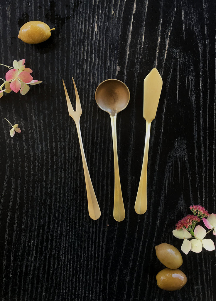 Brass Serving Trio, for serving hors d'oeuvres. Spoon, fork, & knife.